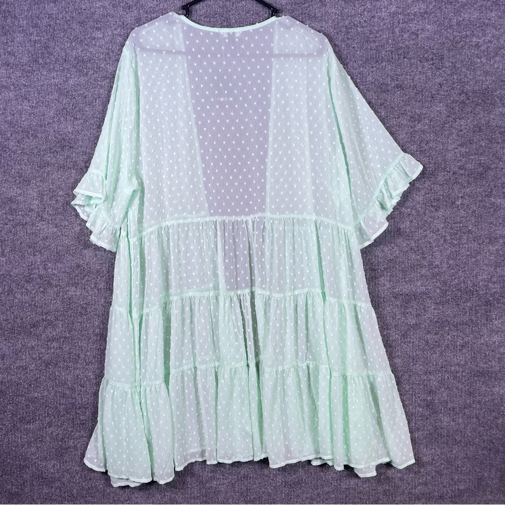Torrid NWT Womenโs 2X 18-20 Mint Green Clip Dot Ruffle Kimono Tiered Open Front - Picture 2 of 8